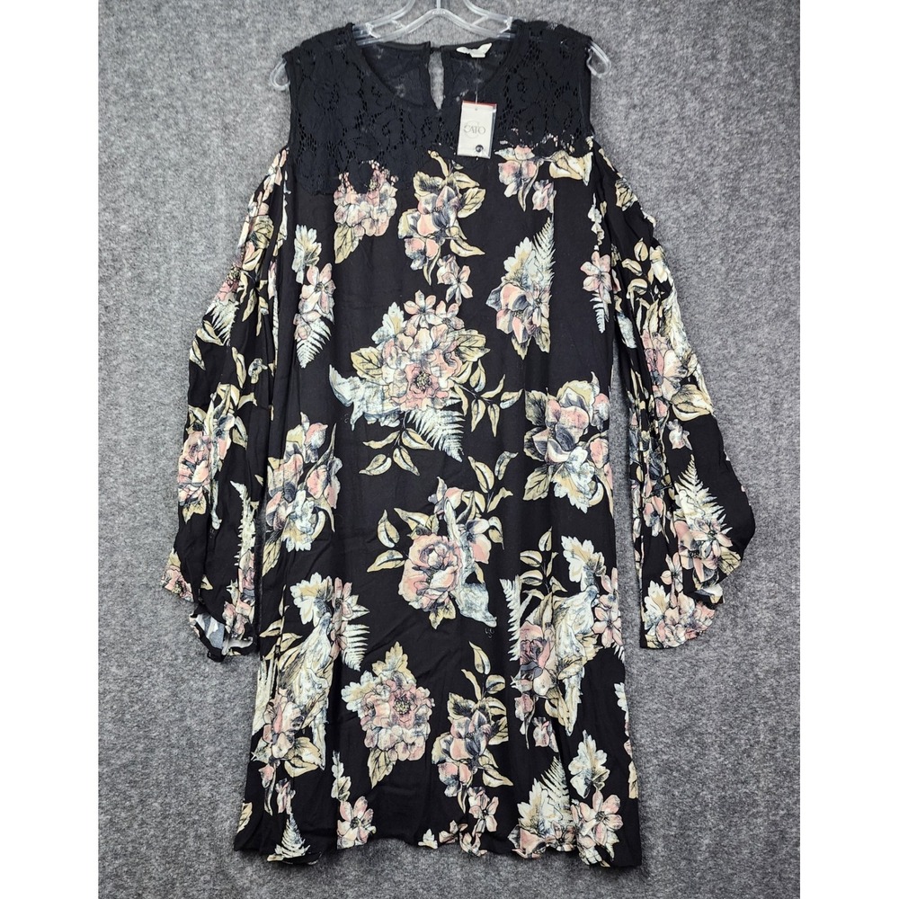 Cato Floral Cold Shoulder Dress Womens 22/24 Black Bell Sleeve Lace Yoke‎ NWT